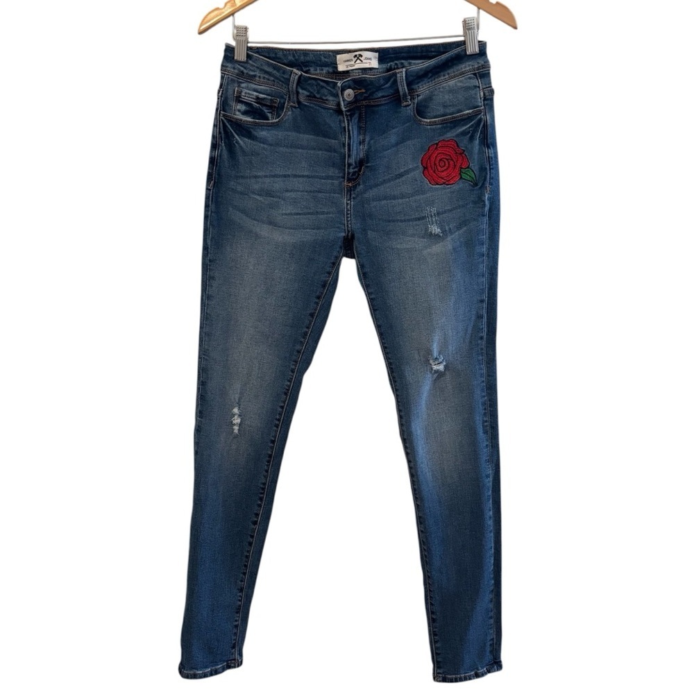 Hammer elegant Blue Skinny Jeans with Red Rose Detail